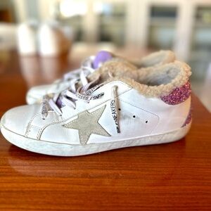 Golden Goose size 9 lavender sparkle, fur ankle sneakers